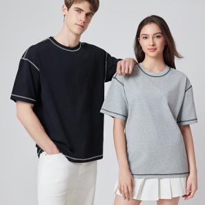 Contrast color stiching decorate Casual T-shirt Loose Fit short sleeve Knitted Fabric T shirts