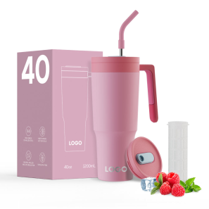 Custom Logo Laser 40 oz Insulated Powder Coated Stainless Steel Travel Mug Cup Tumbler with Handle and Straw