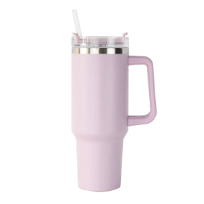 Powder Coated 40oz Travel Tumbler Double Wall Stainless Steel Travel Mug with Comfortable Handle and Straw