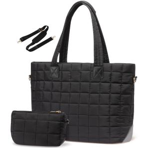 Fashion Quilted Lightweight Puffy Purse Tote Shoulder Bag 15.6in Laptop Tote Bags for Women Ladies Work Business