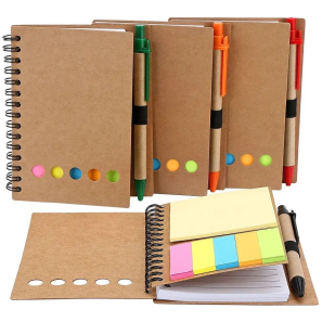 Custom Logo Mini A6 Notebook with Sticky Notes and Pen Kraft Paper Cover Spiral Bound