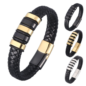 Fashion Jewelry Retro Men Leather Bracelet Magnetic Clasp Cowhide Multi-Layer Braided Leather Mens Bracelet