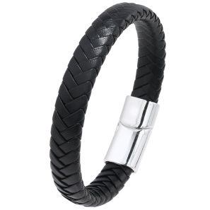 Genuine Leather Bracelet Classic Style Stainless Steel Alloy Clasp with Magnets Black Style