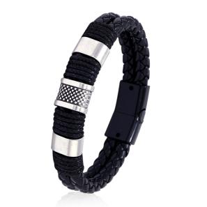Custom Logo Retro Magnetic Clasp Stainless Steel Braided Bangle Men Leather Bracelet