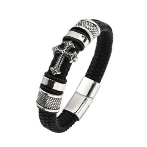 Stainless Steel Cross Fashion Bracelet Personality Multilayer Woven Leather Jewelry