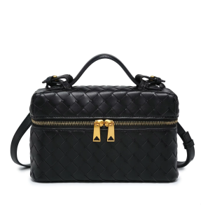 Pu Leather Woven Box Bag Double-zipper Closure Handbags for Women Fashion Ladies Cosmetics Bag